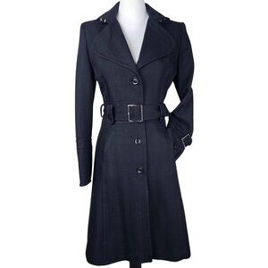 Karen Millen Black Trench Coat Wool US 4 Belted Designer Tailored Quiet Luxury